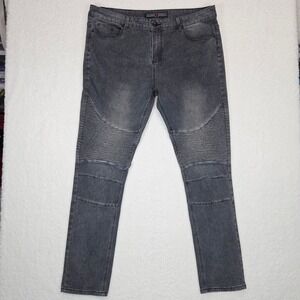 Hard Soda Men's Moto Skinny Jeans 36x32 Black Washed Ribbed Knee Stretch Denim